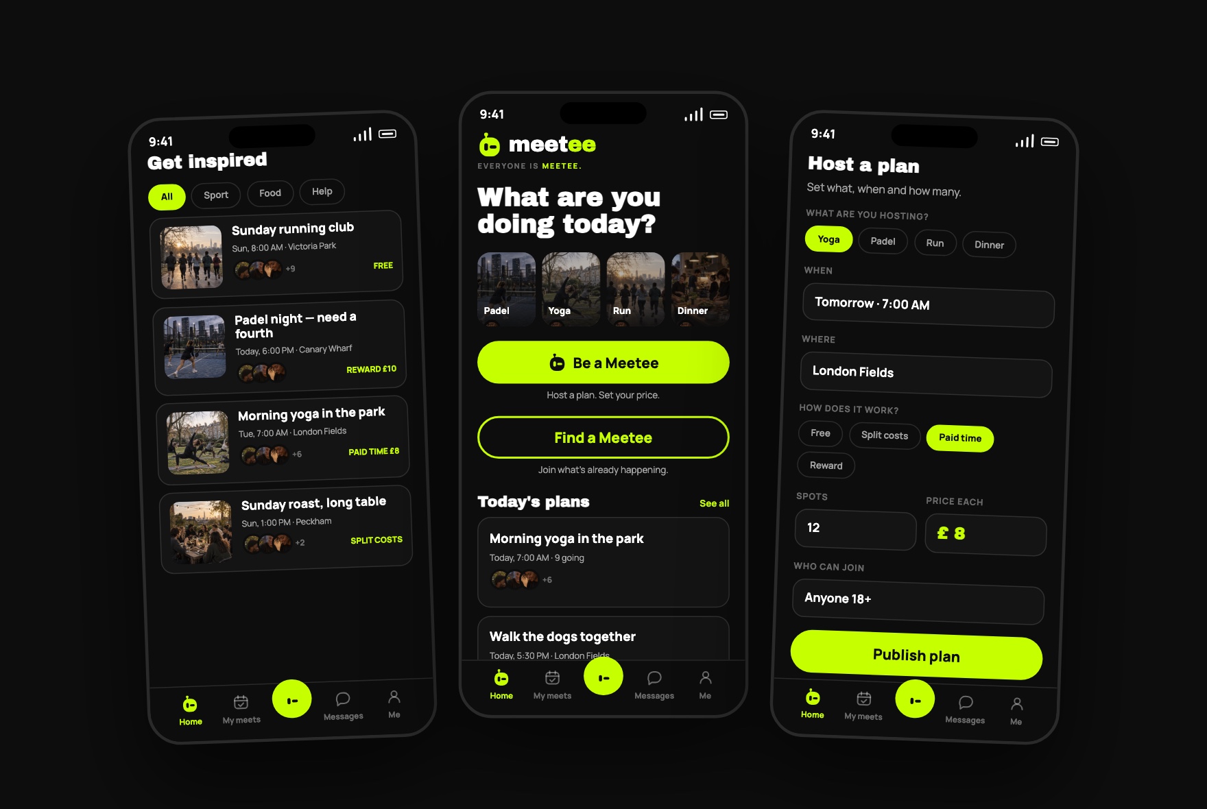 Three Meetee app screens: what's on near you, the home screen, and hosting a plan.